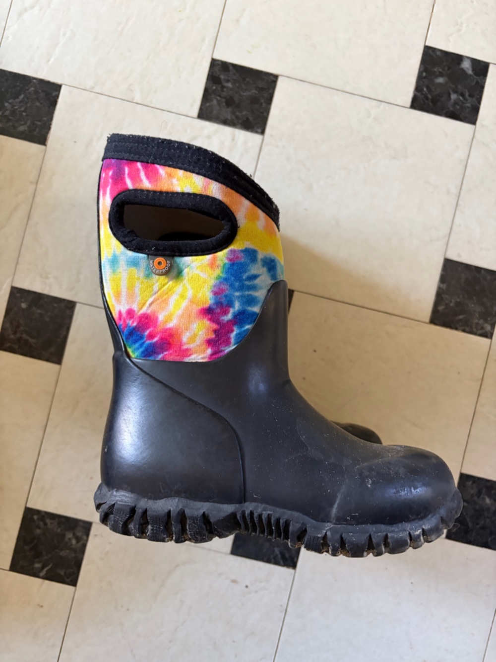 Bogs Kids Black Rain Boots with Multicolor Tie-Dye Cuff